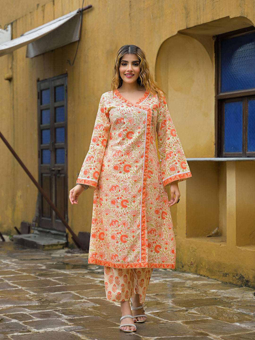 Divena Orange Straight Floral Print Hand Block Cotton Kurta Sets With Dupatta