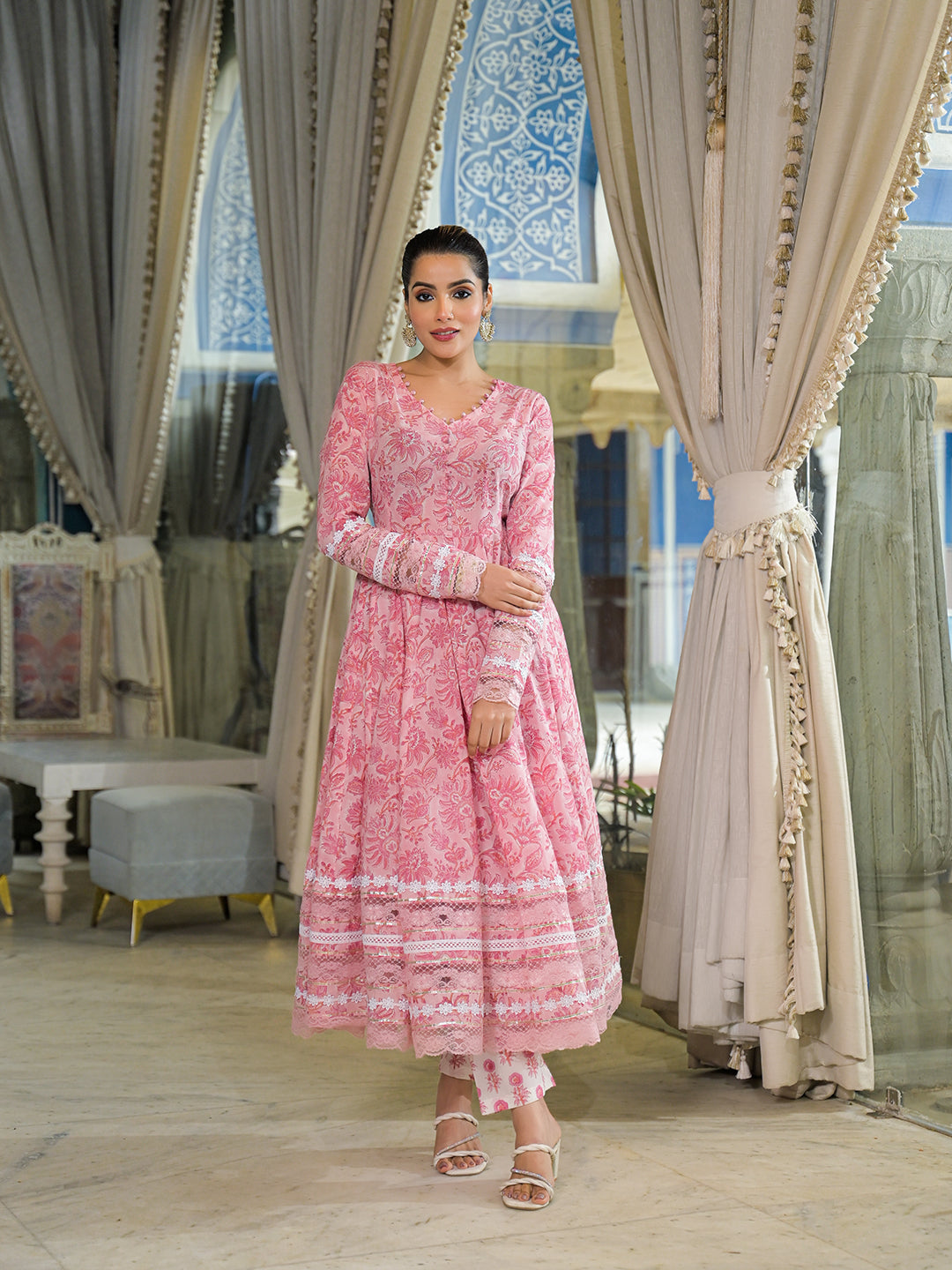 Divena Pink Hand Block Cotton Anarkali Kurta Pant Set With Dupatta