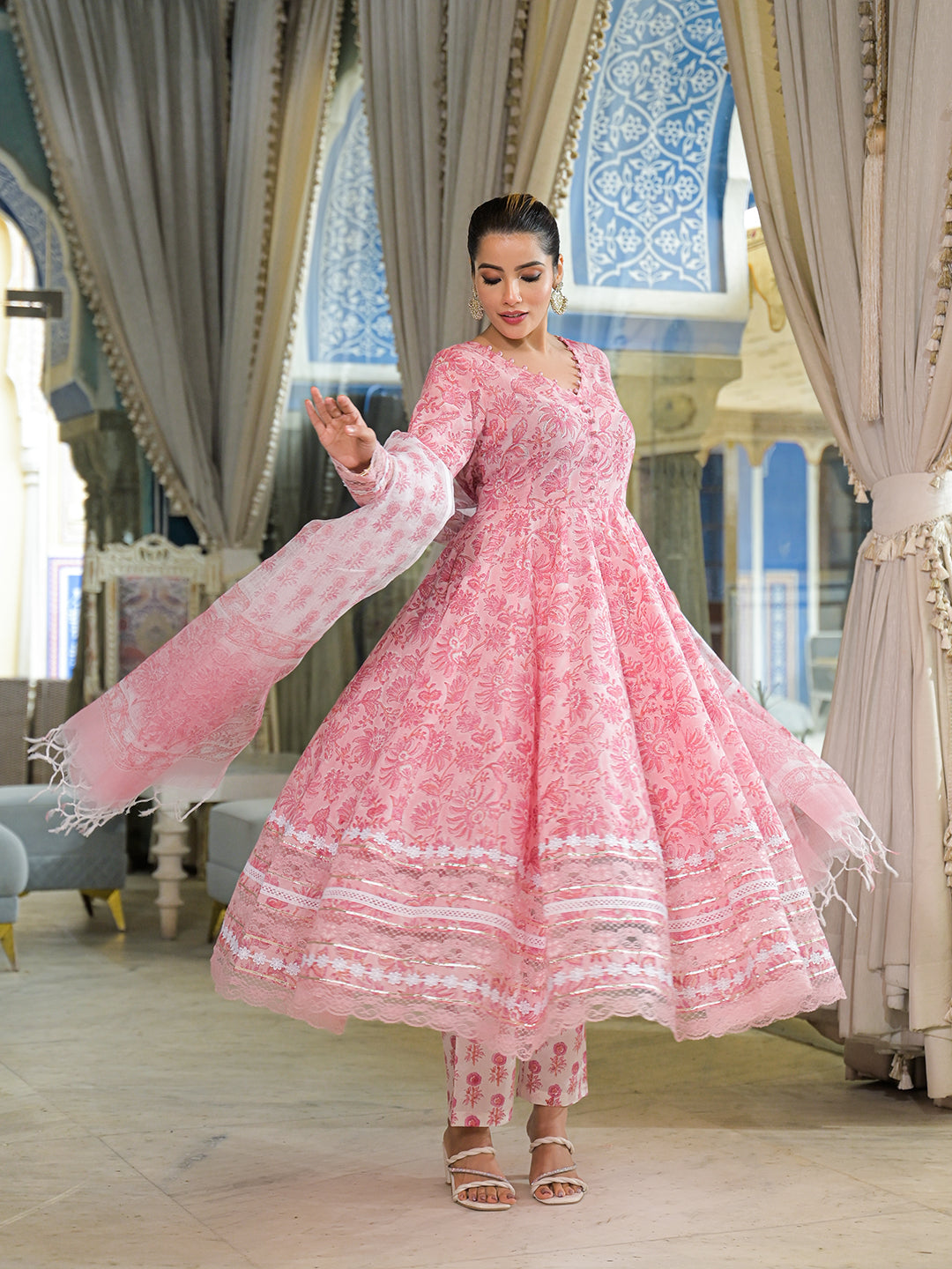 Divena Pink Hand Block Cotton Anarkali Kurta Pant Set With Dupatta