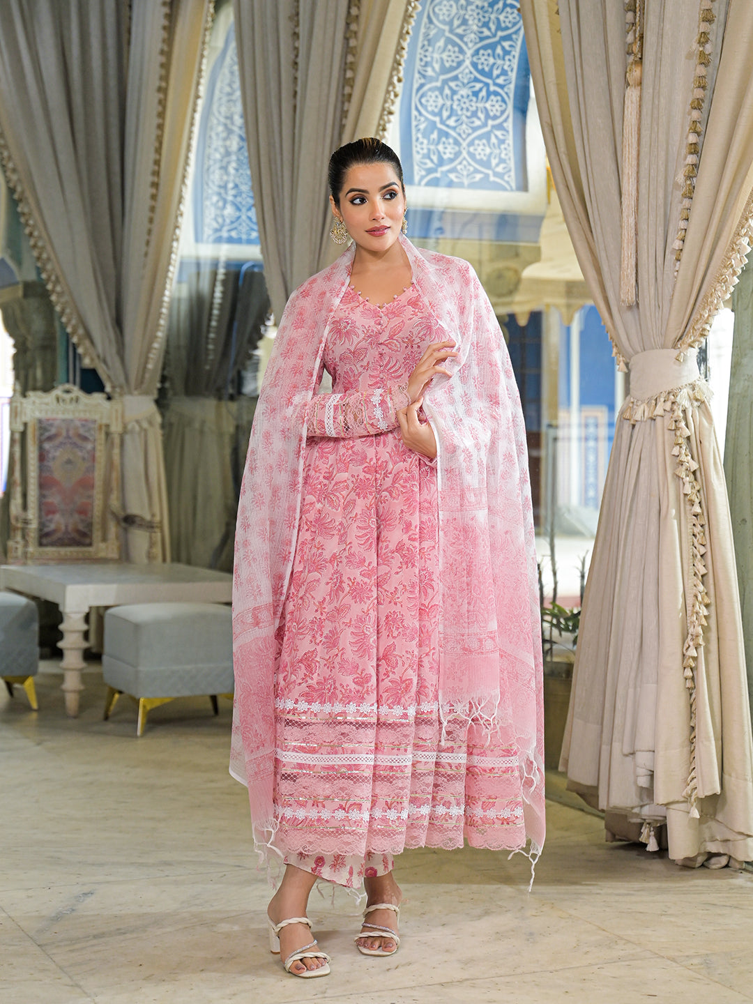 Divena Pink Hand Block Cotton Anarkali Kurta Pant Set With Dupatta