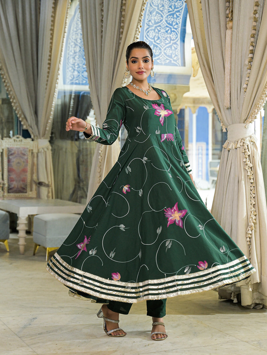 Divena Dark Green Hand Painted Cotton Anarkali Kurta Pant With Dupatta
