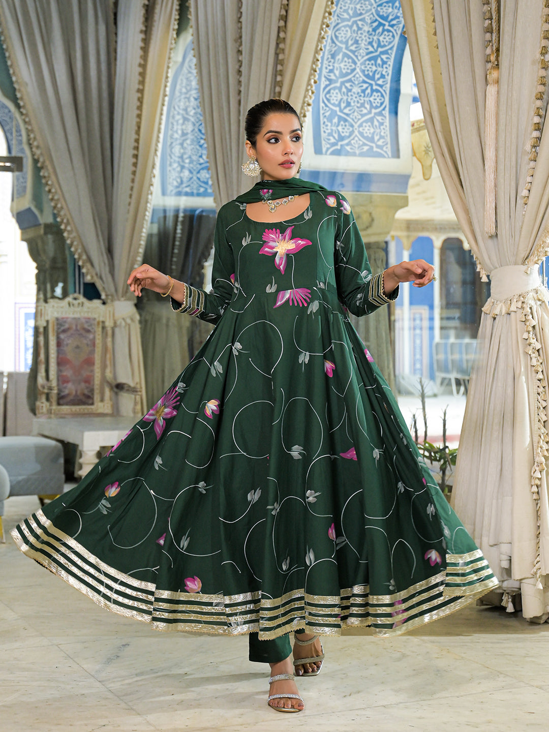 Divena Dark Green Hand Painted Cotton Anarkali Kurta Pant With Dupatta
