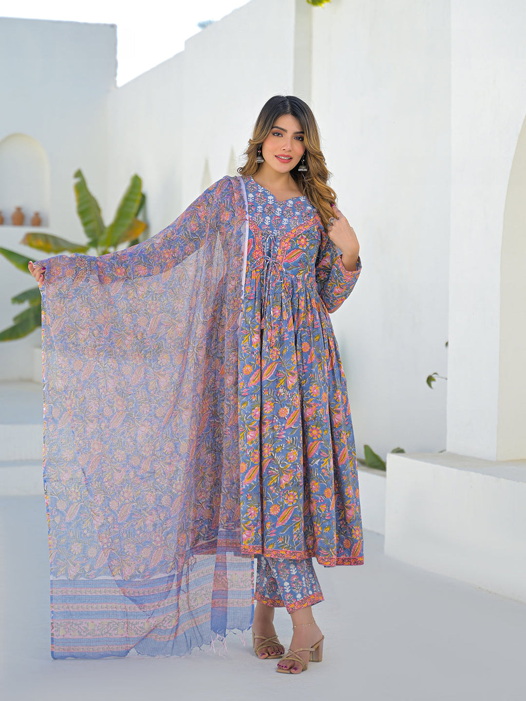 Divena Sky Blue Hand Block Cotton Anarkali Kurta Pant Set With Dupatta