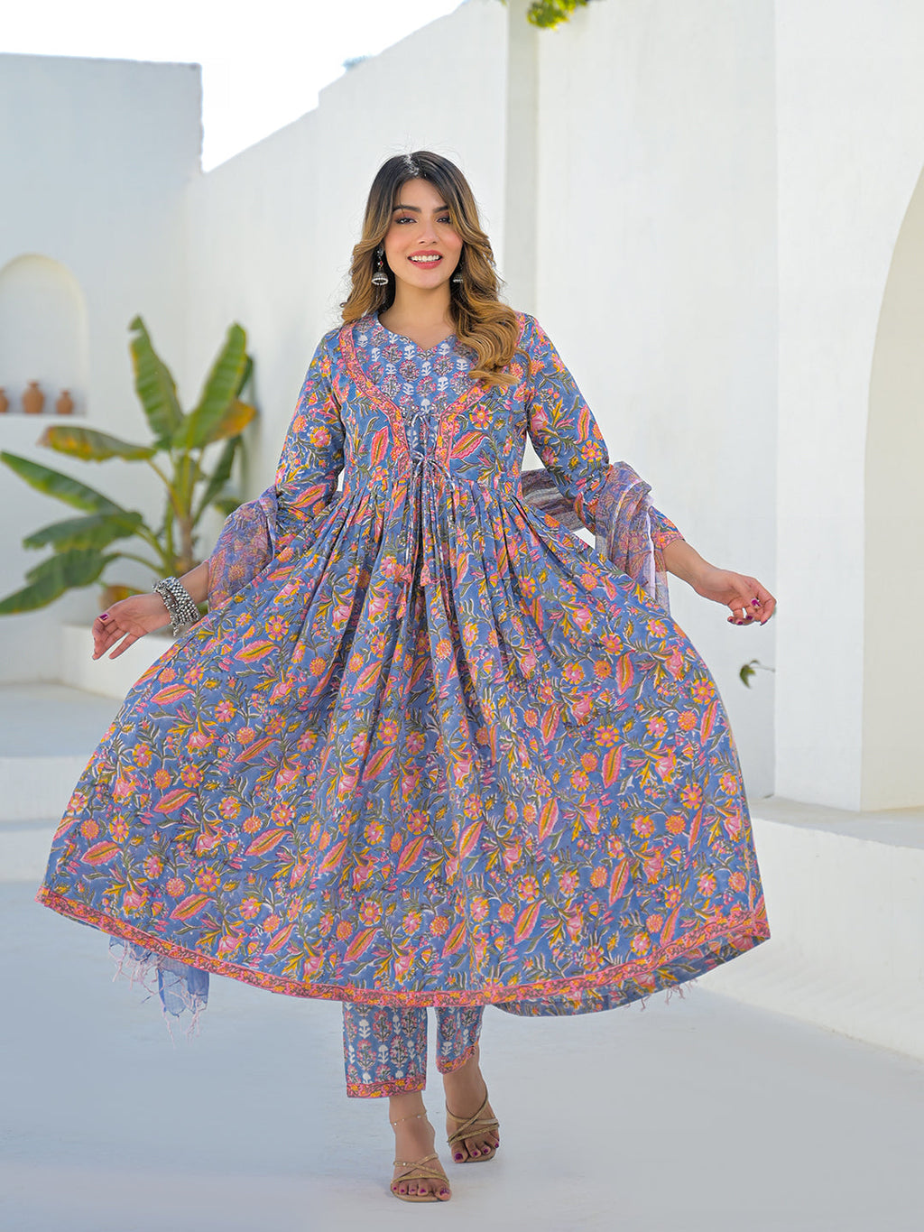 Divena Sky Blue Hand Block Cotton Anarkali Kurta Pant Set With Dupatta