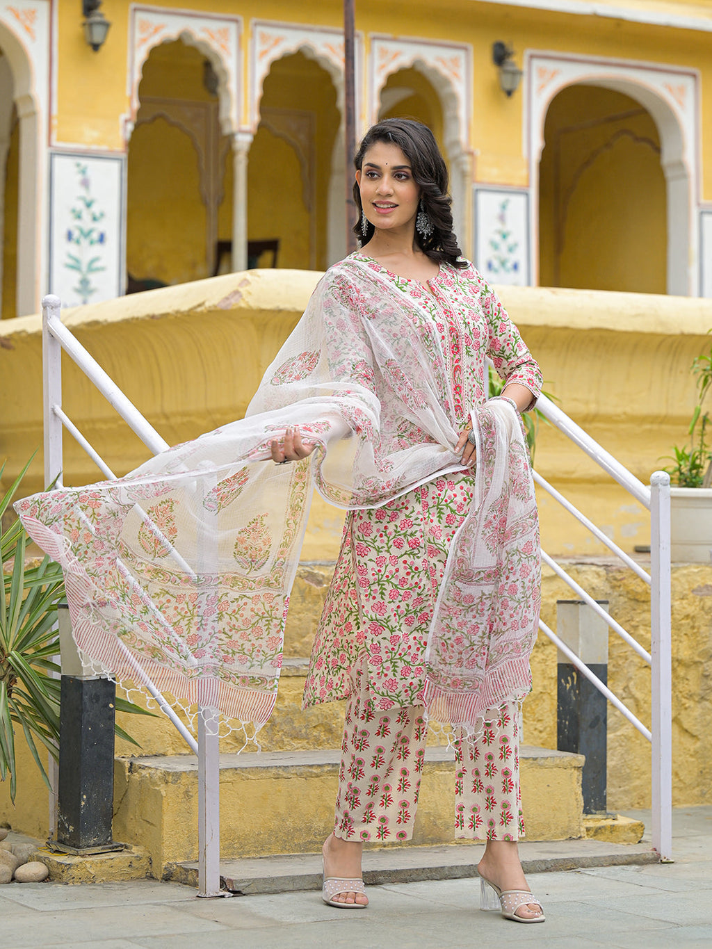 Divena Handblock Print Cotton Kurta Pant Set with Dupatta