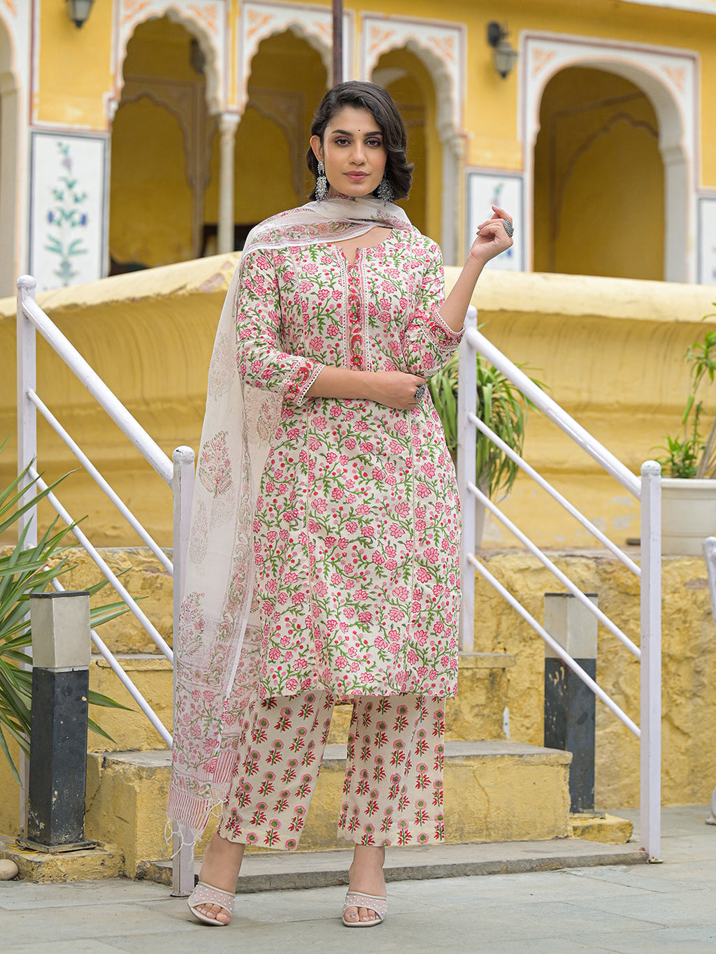 Divena Handblock Print Cotton Kurta Pant Set with Dupatta