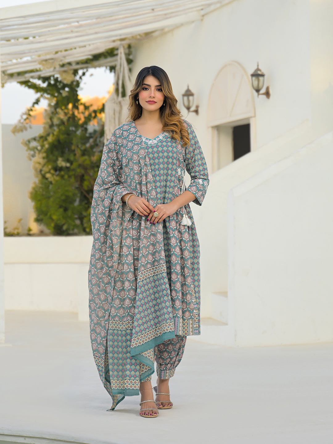 Divena Turquoise Blue A-Line Cotton Kurta Pant Set With Dupatta