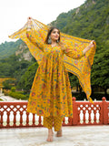 Divena Mustard Floral Print Cotton Anarkali Kurta Pant Set With Dupatta