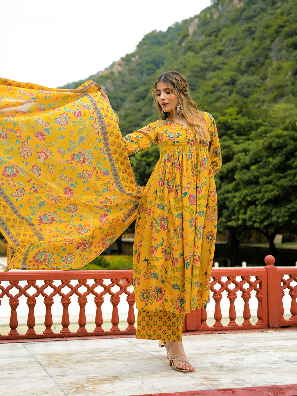 Divena Mustard Floral Print Cotton Anarkali Kurta Pant Set With Dupatta
