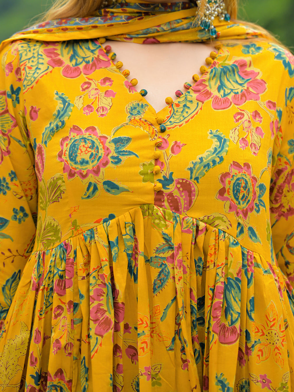 Divena Mustard Floral Print Cotton Anarkali Kurta Pant Set With Dupatta