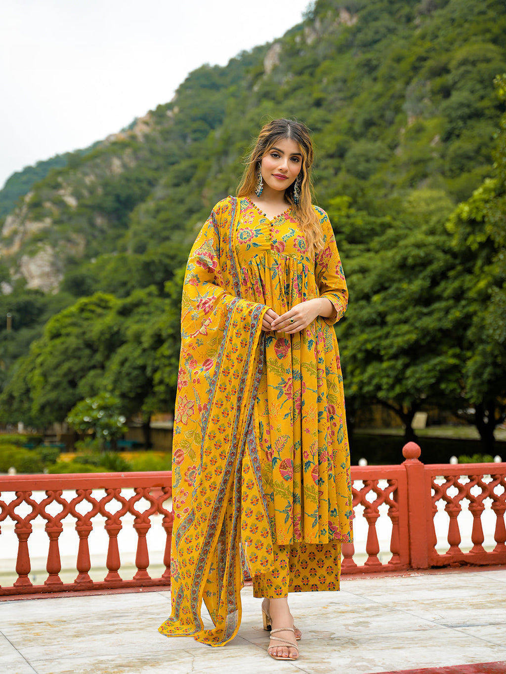 Divena Mustard Floral Print Cotton Anarkali Kurta Pant Set With Dupatta