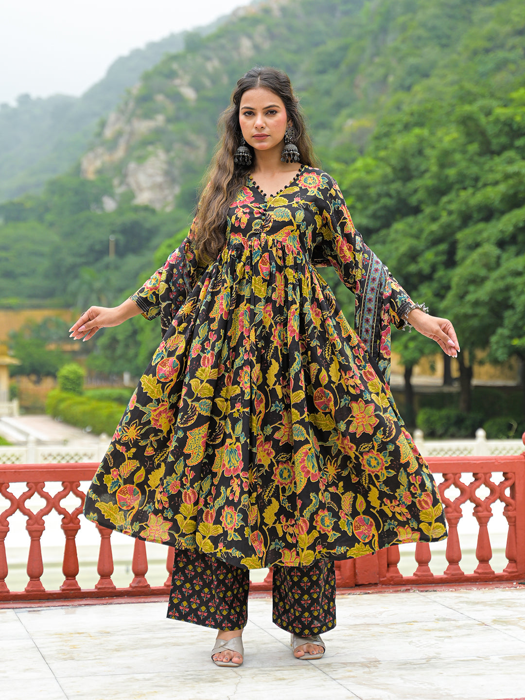Divena Black Cotton Straight Kurta Pant With Dupatta