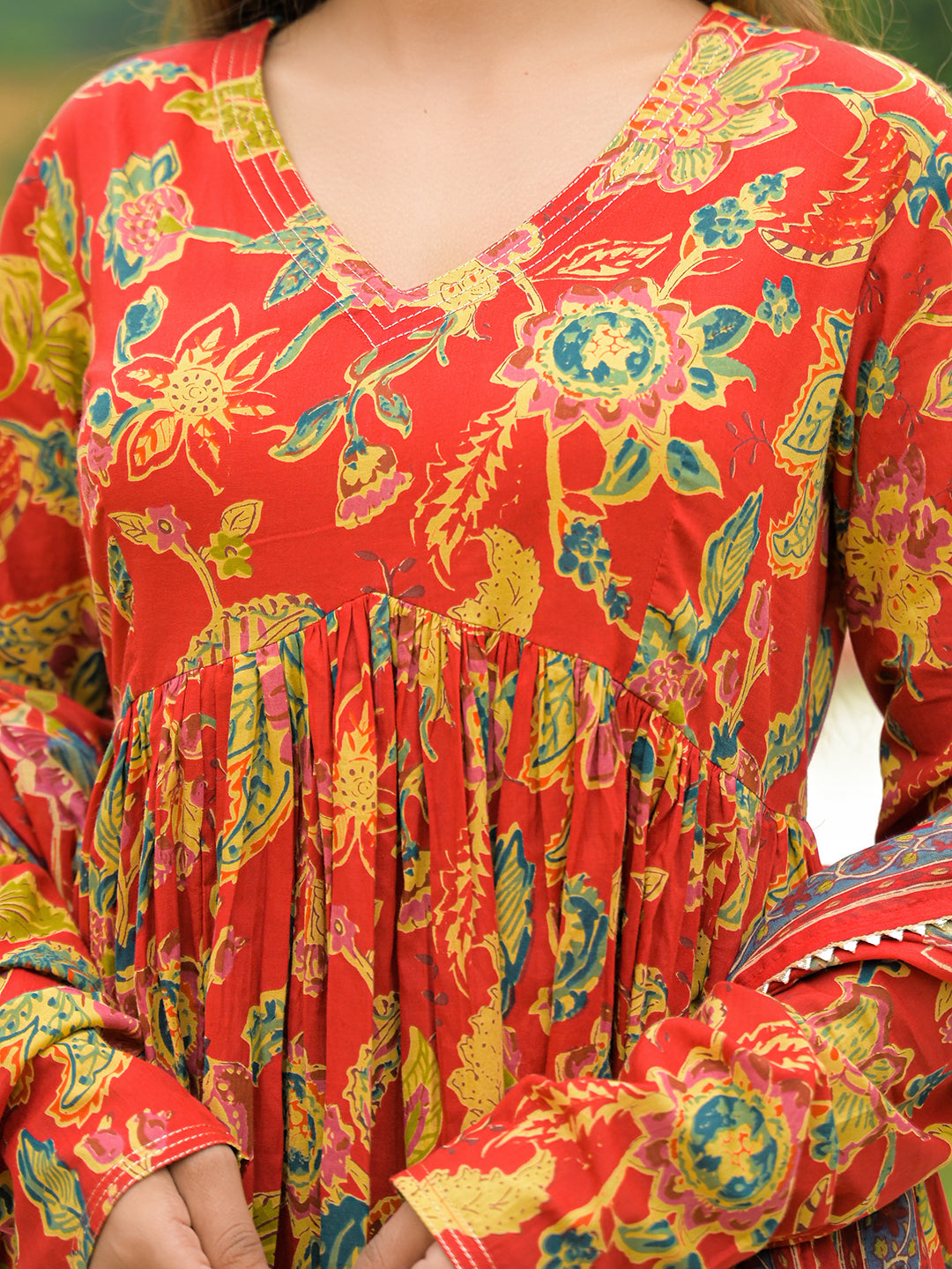 Divena Red Cotton Straight Kurta Pant With Dupatta