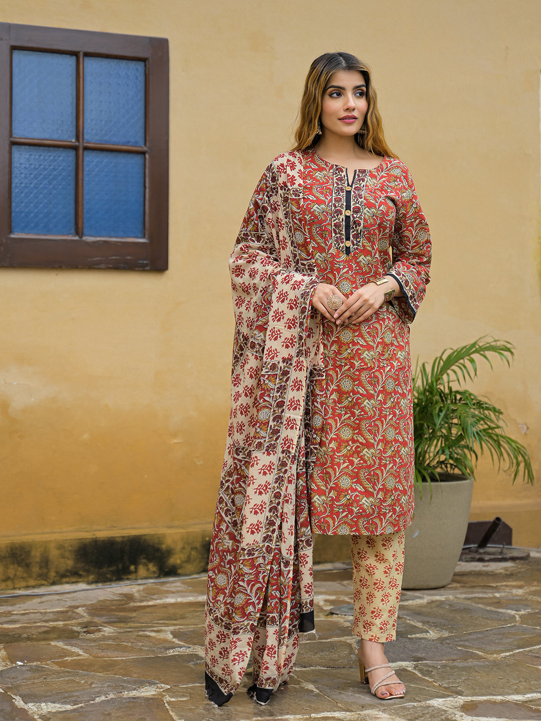 Divena Maroon Hand Block Cotton Straight Kurta Pant With Dupatta