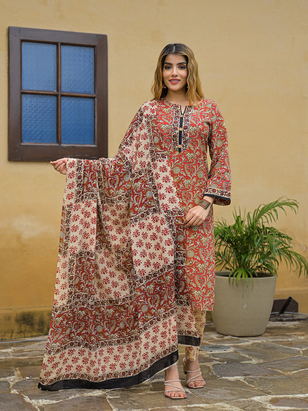 Divena Maroon Hand Block Cotton Straight Kurta Pant With Dupatta