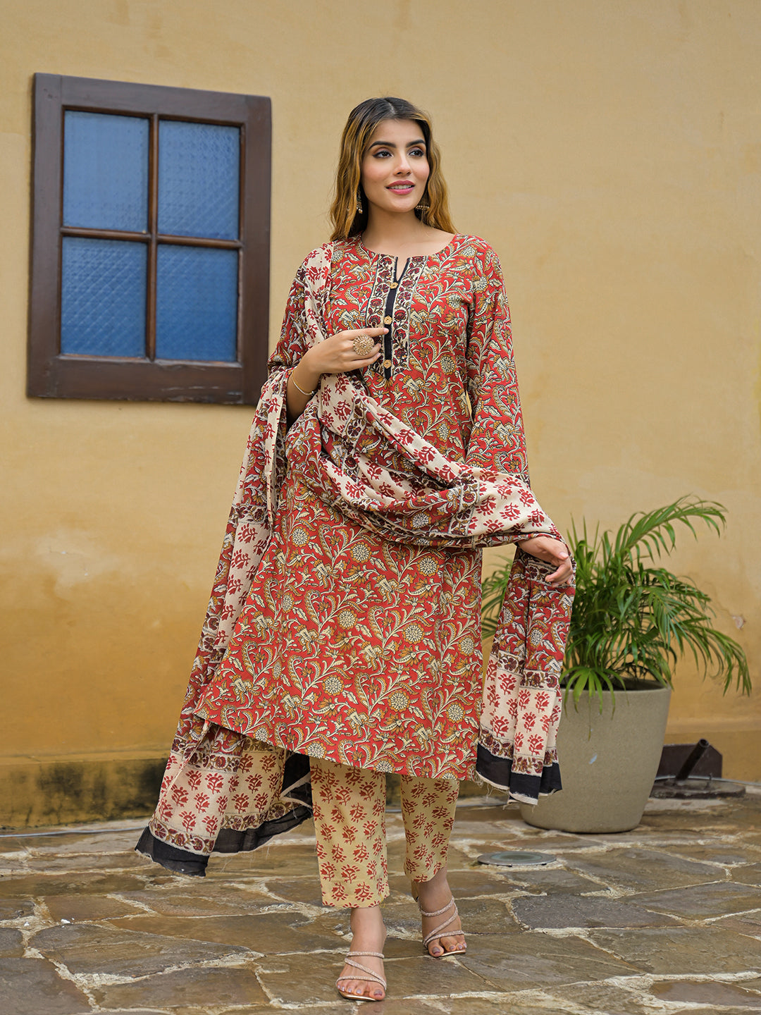 Divena Maroon Hand Block Cotton Straight Kurta Pant With Dupatta