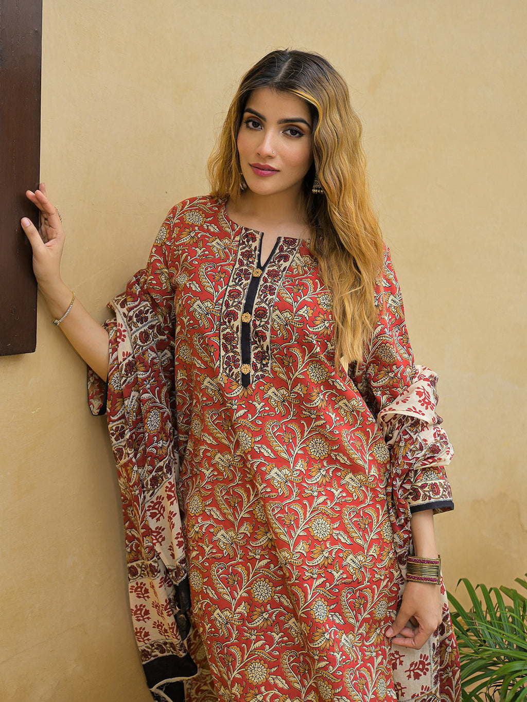 Divena Maroon Hand Block Cotton Straight Kurta Pant With Dupatta