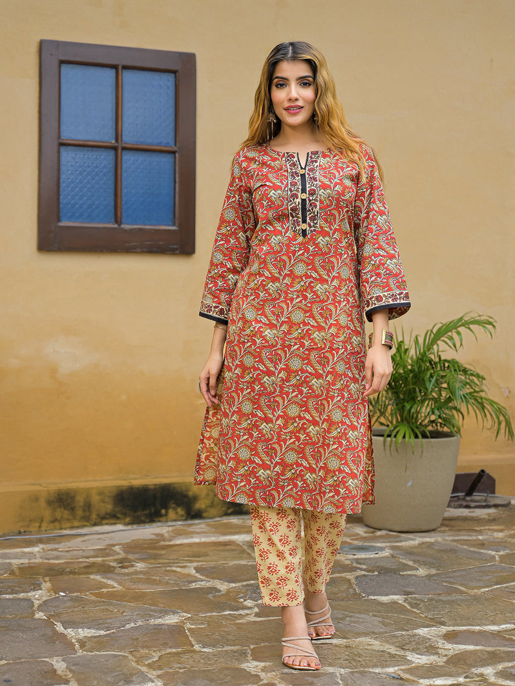 Divena Maroon Hand Block Cotton Straight Kurta Pant With Dupatta