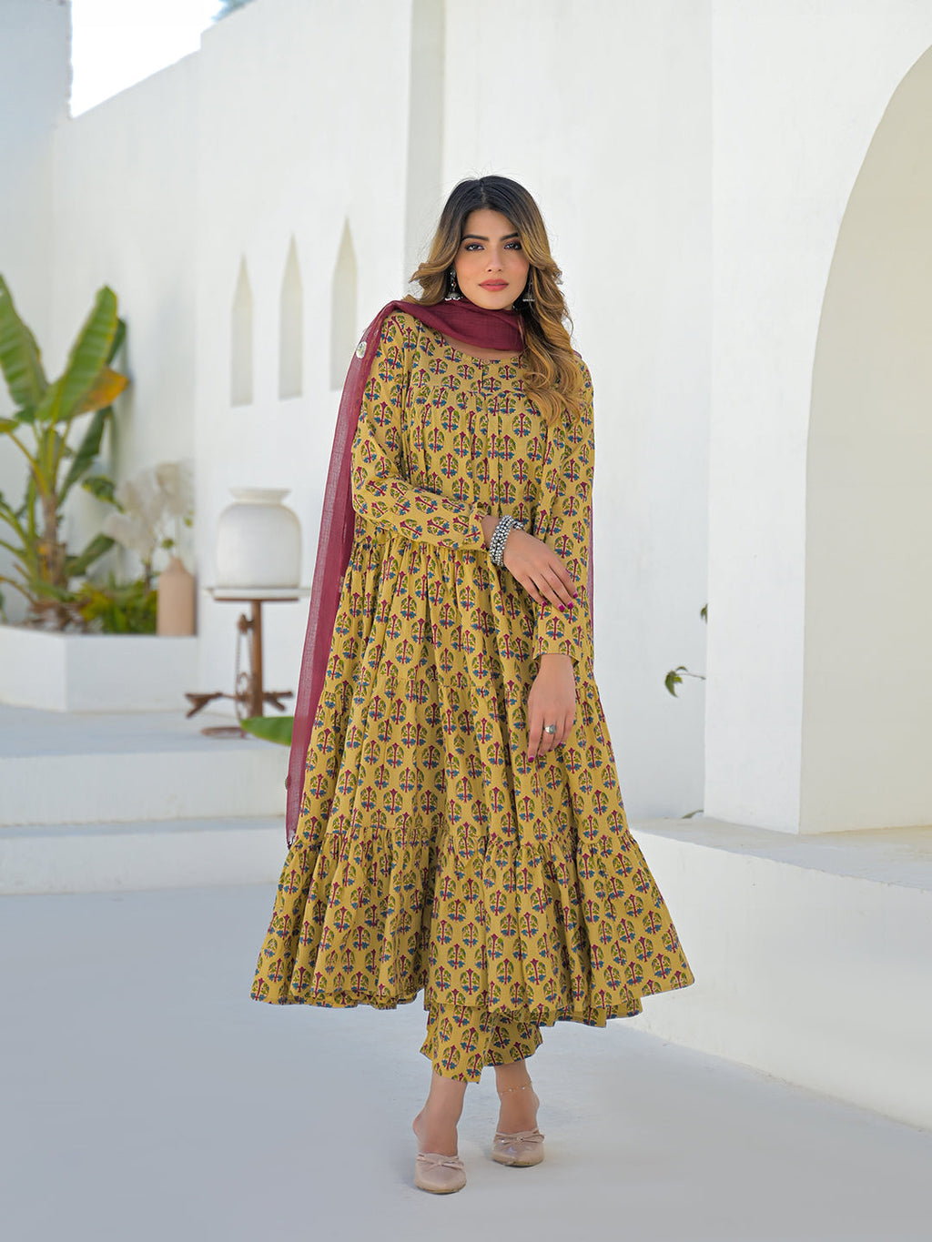 Divena Beige Cotton Round Neck Anarkali Kurta Pant Set With Kota Doria Dupatta