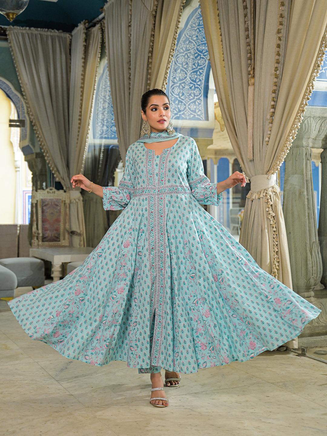 Divena Sky Blue  Ethnic Motif Cotton Anarkali Kurta Pant With Dupatta