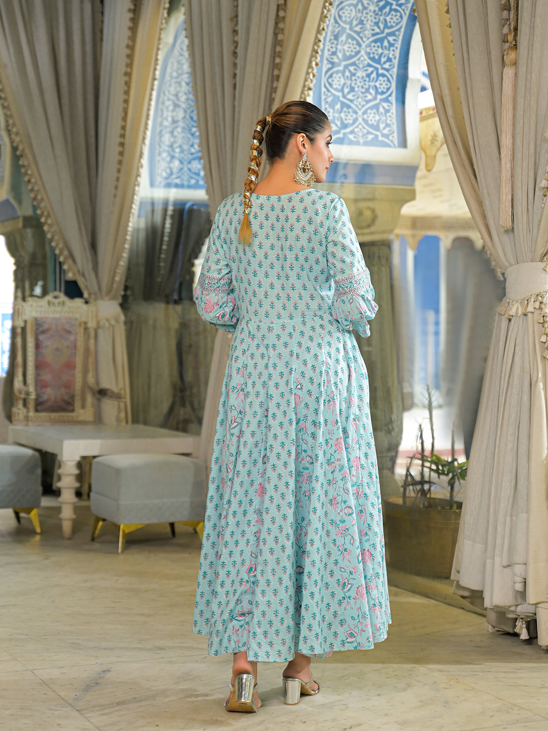Divena Sky Blue  Ethnic Motif Cotton Anarkali Kurta Pant With Dupatta
