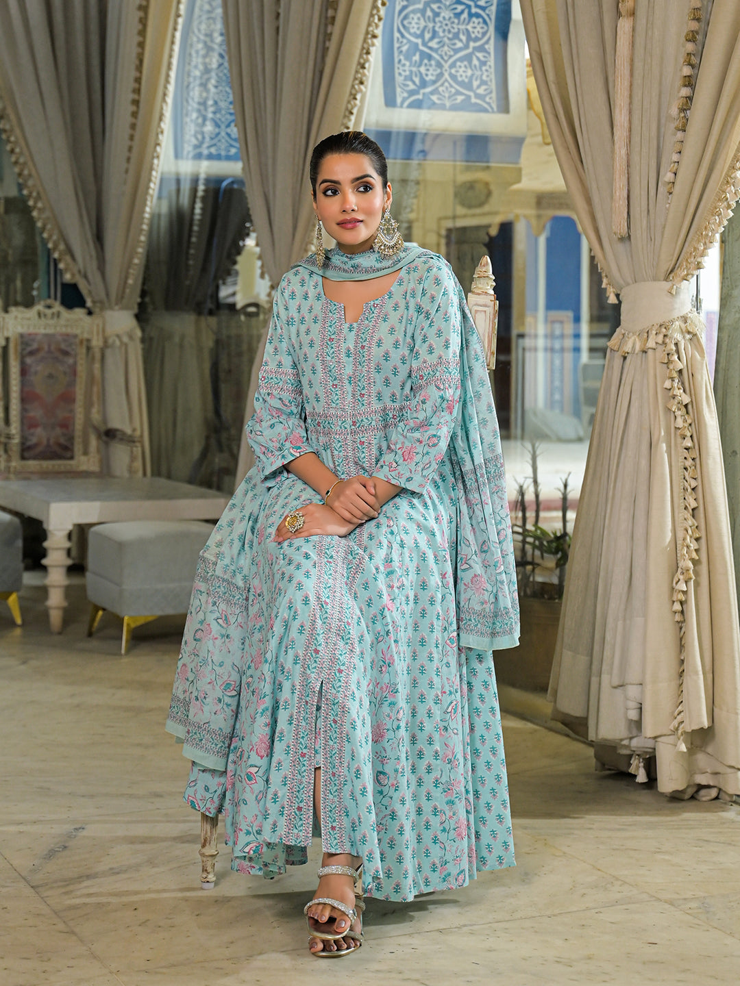 Divena Sky Blue  Ethnic Motif Cotton Anarkali Kurta Pant With Dupatta
