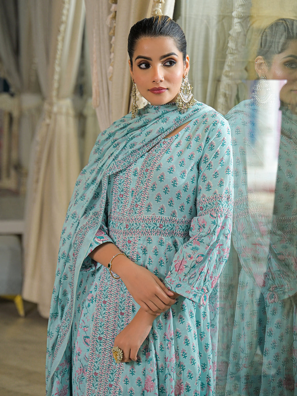 Divena Sky Blue  Ethnic Motif Cotton Anarkali Kurta Pant With Dupatta