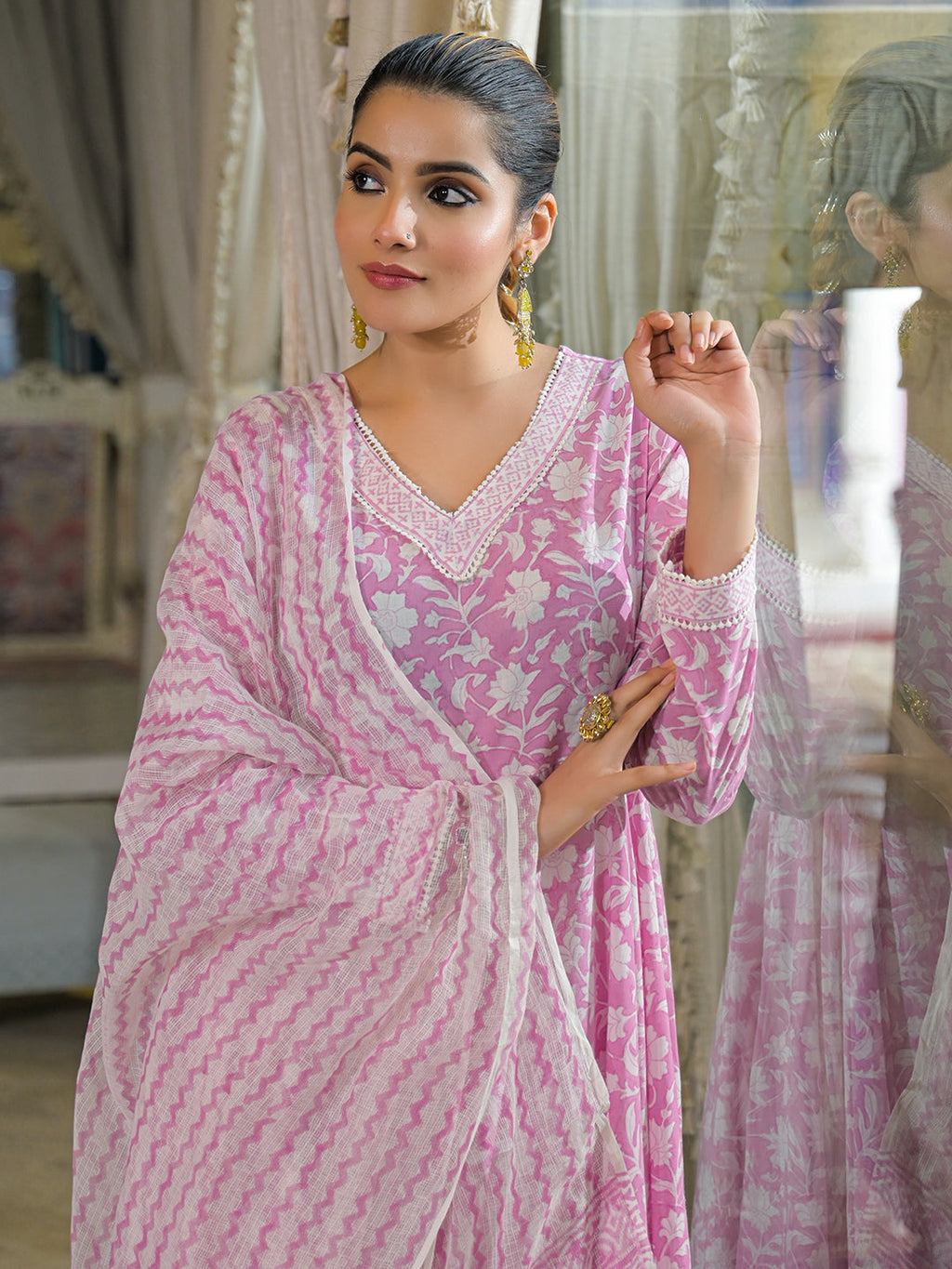 Divena Pink Hand Block Cotton Anarkali Kurta Pant With Dupatta