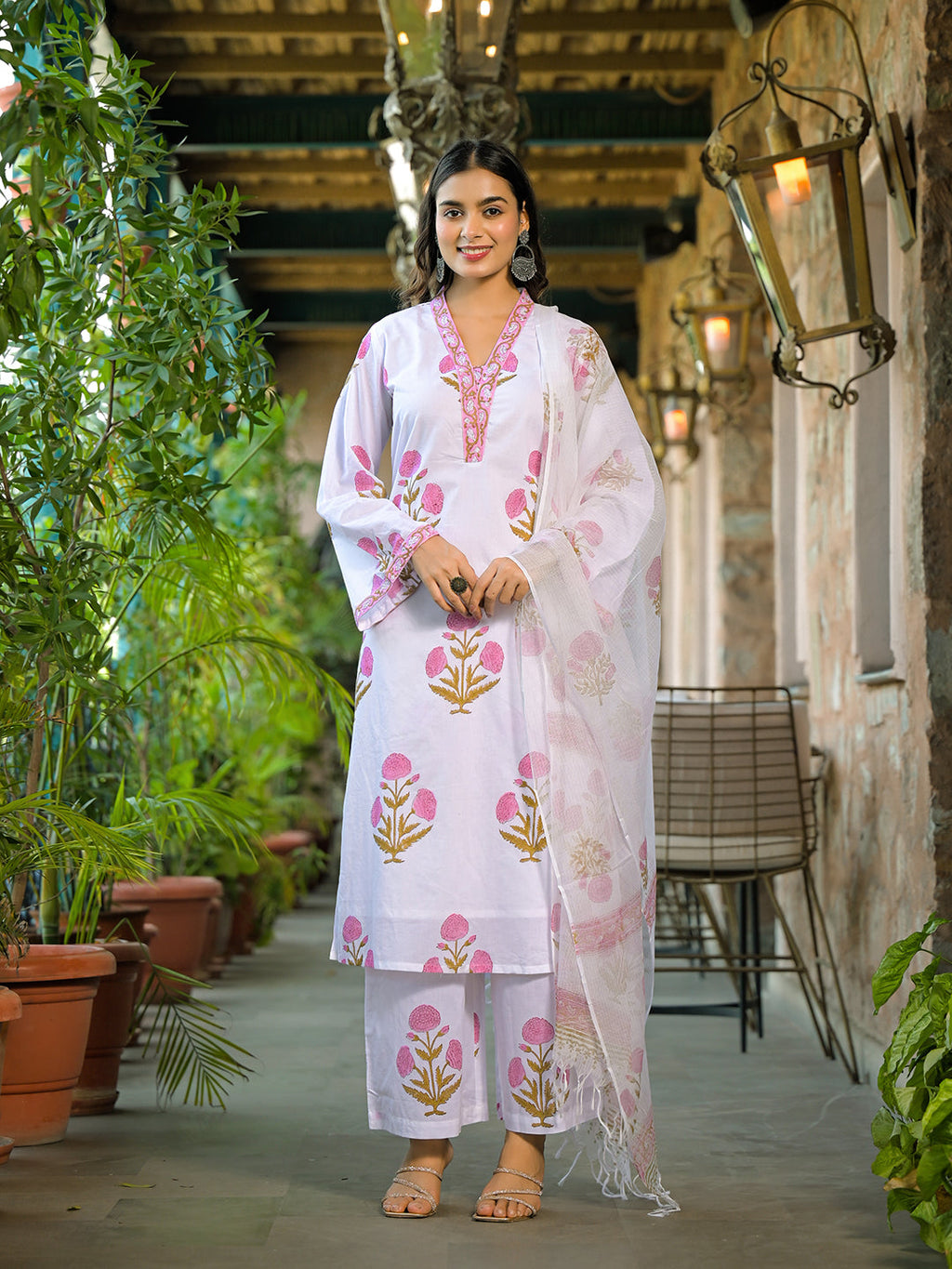 Divena White Hand Block Print Cotton Kurta Sets With Dupatta