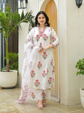 Divena White Cotton Hand Block A-Line Kurta Pant Sets With Dupatta