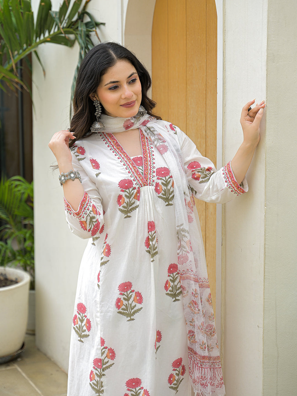 Divena White Cotton Hand Block A-Line Kurta Pant Sets With Dupatta