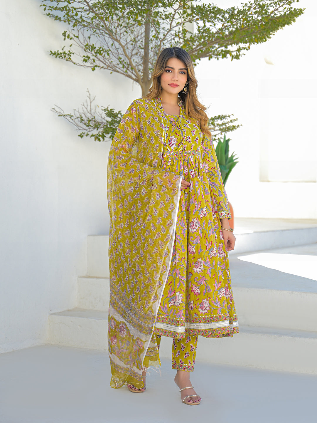 Divena Mustard Hand Block Cotton Anarkali Kurta Pant Set With Dupatta