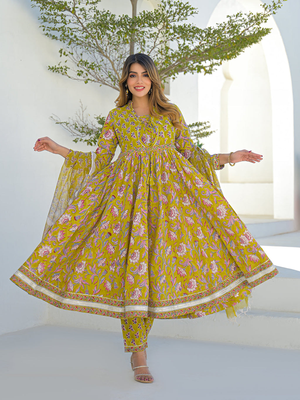 Divena Mustard Hand Block Cotton Anarkali Kurta Pant Set With Dupatta