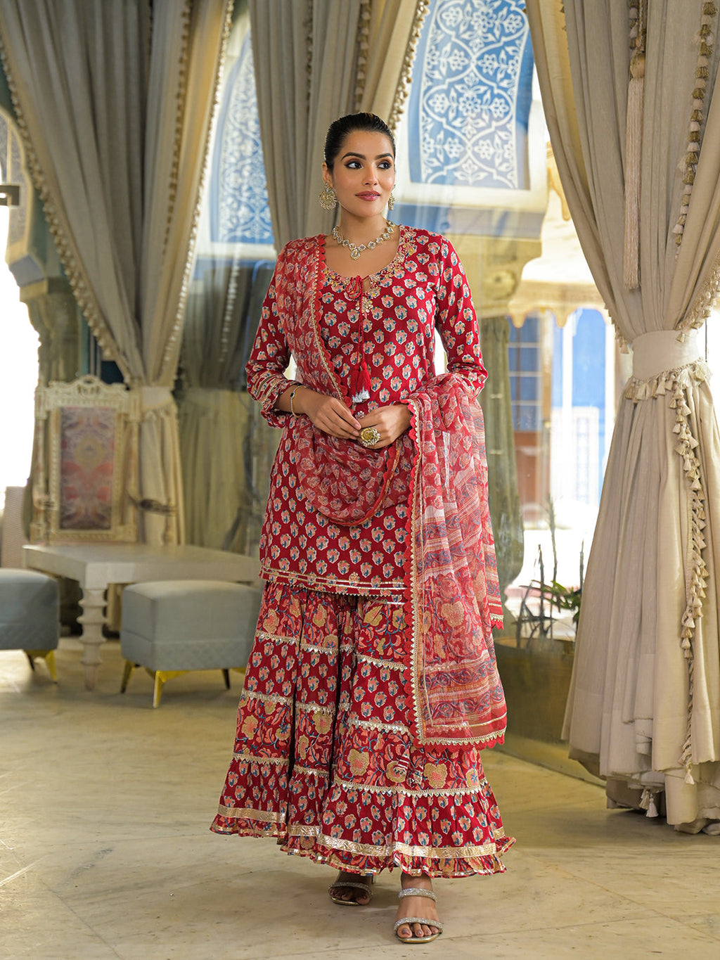 Divena Red Handblock Cotton Straight Kurta Sharara With Dupatta