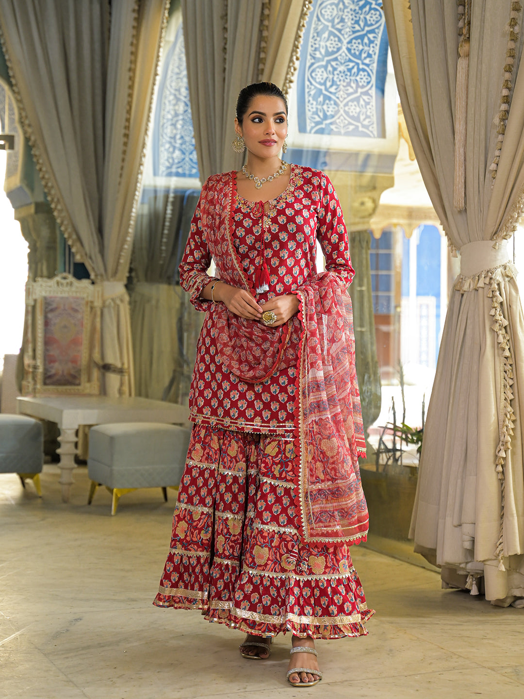 Divena Red Handblock Cotton Straight Kurta Sharara With Dupatta