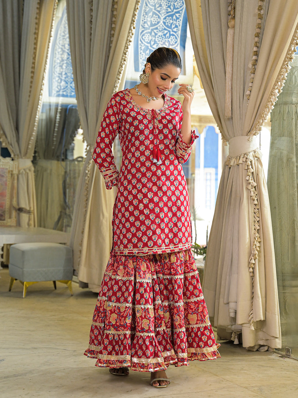 Divena Red Handblock Cotton Straight Kurta Sharara With Dupatta