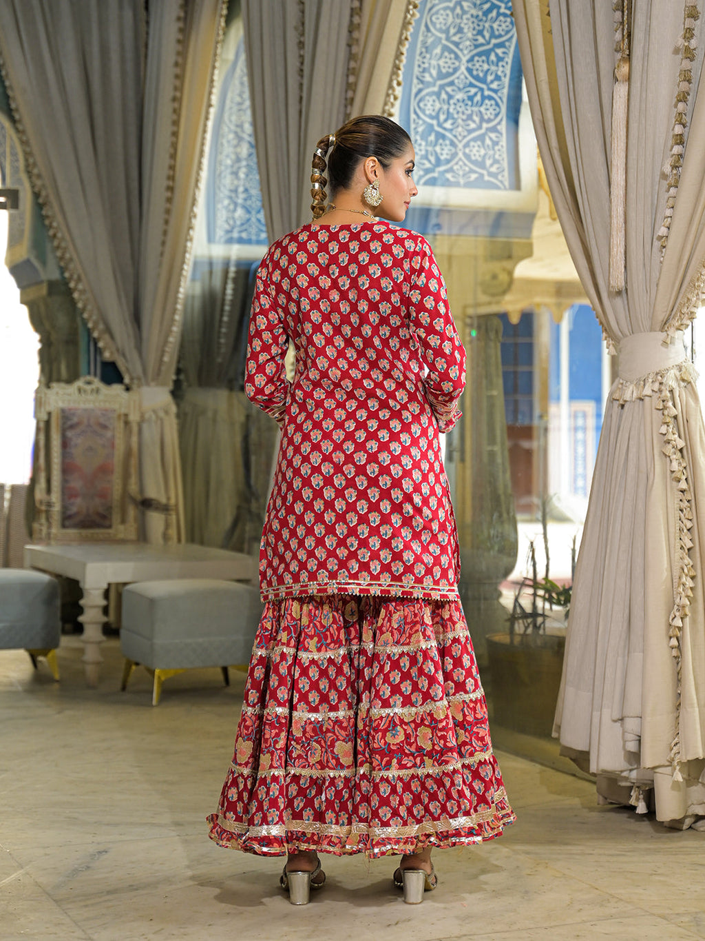 Divena Red Handblock Cotton Straight Kurta Sharara With Dupatta