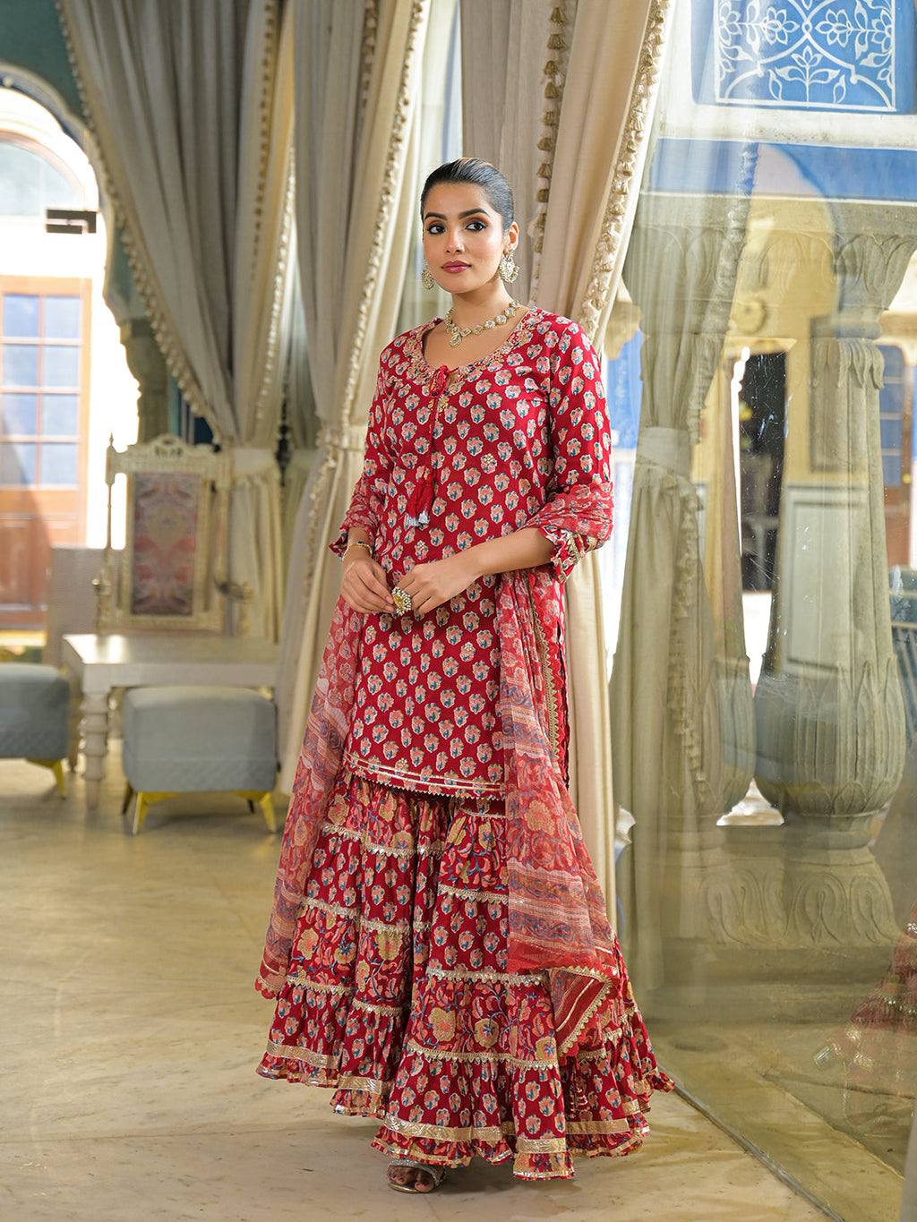 Divena Red Handblock Cotton Straight Kurta Sharara With Dupatta