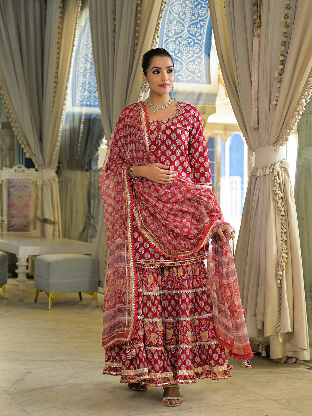 Divena Red Handblock Cotton Straight Kurta Sharara With Dupatta