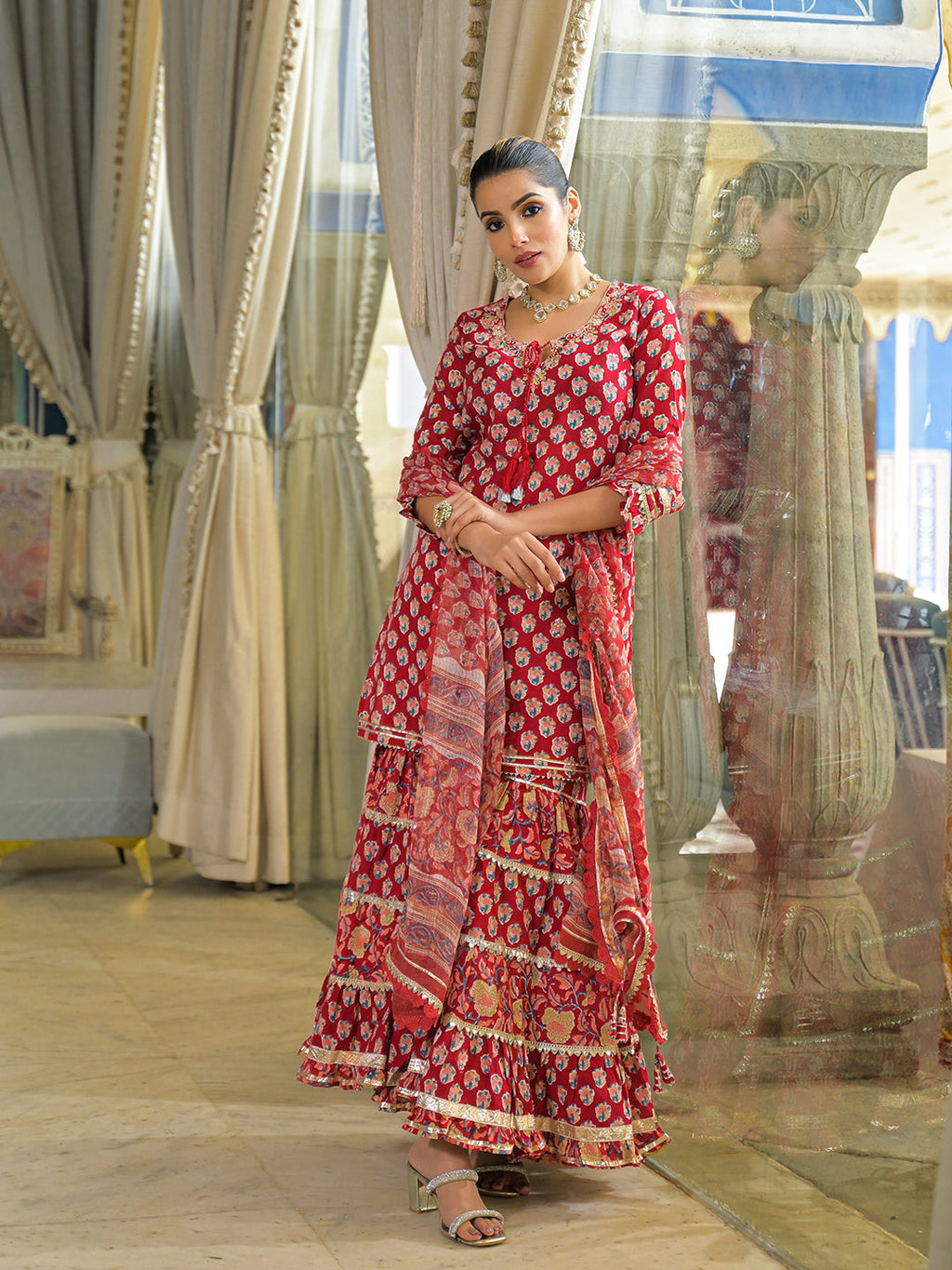 Divena Red Handblock Cotton Straight Kurta Sharara With Dupatta