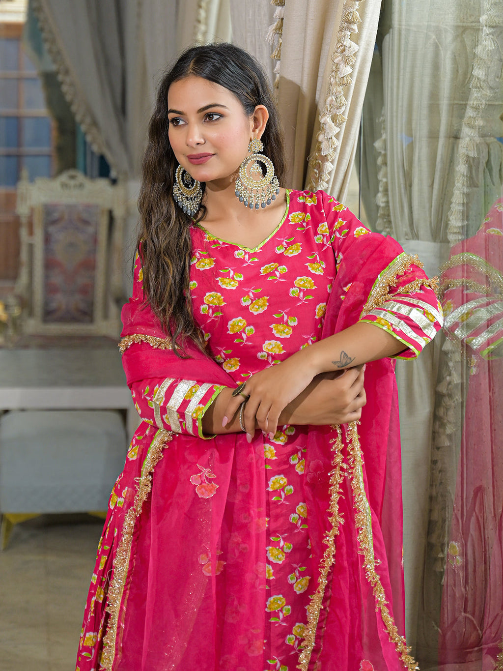 Divena Pink Cotton Kurti Lehenga Sets With Dupatta
