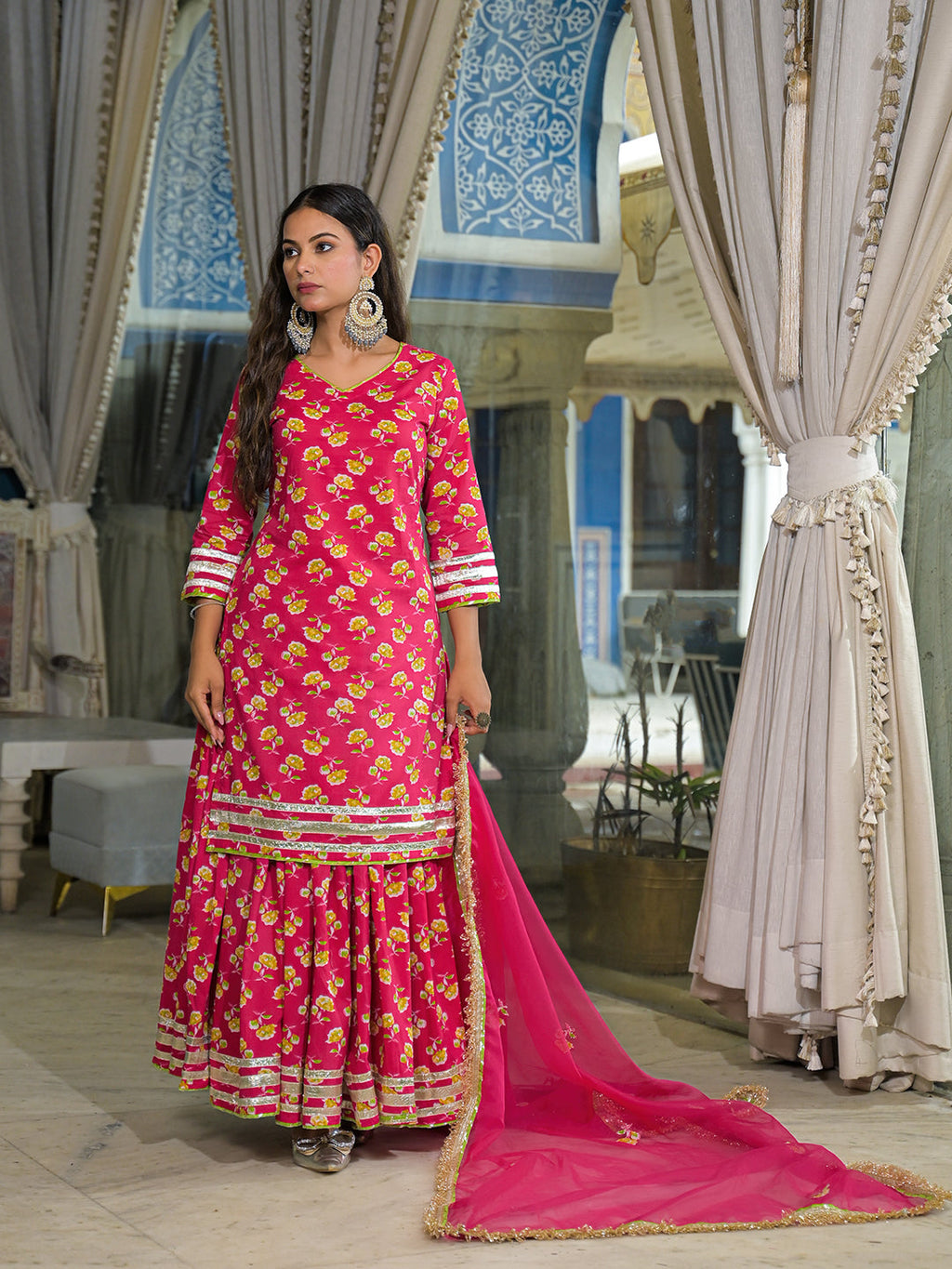 Divena Pink Cotton Kurti Lehenga Sets With Dupatta