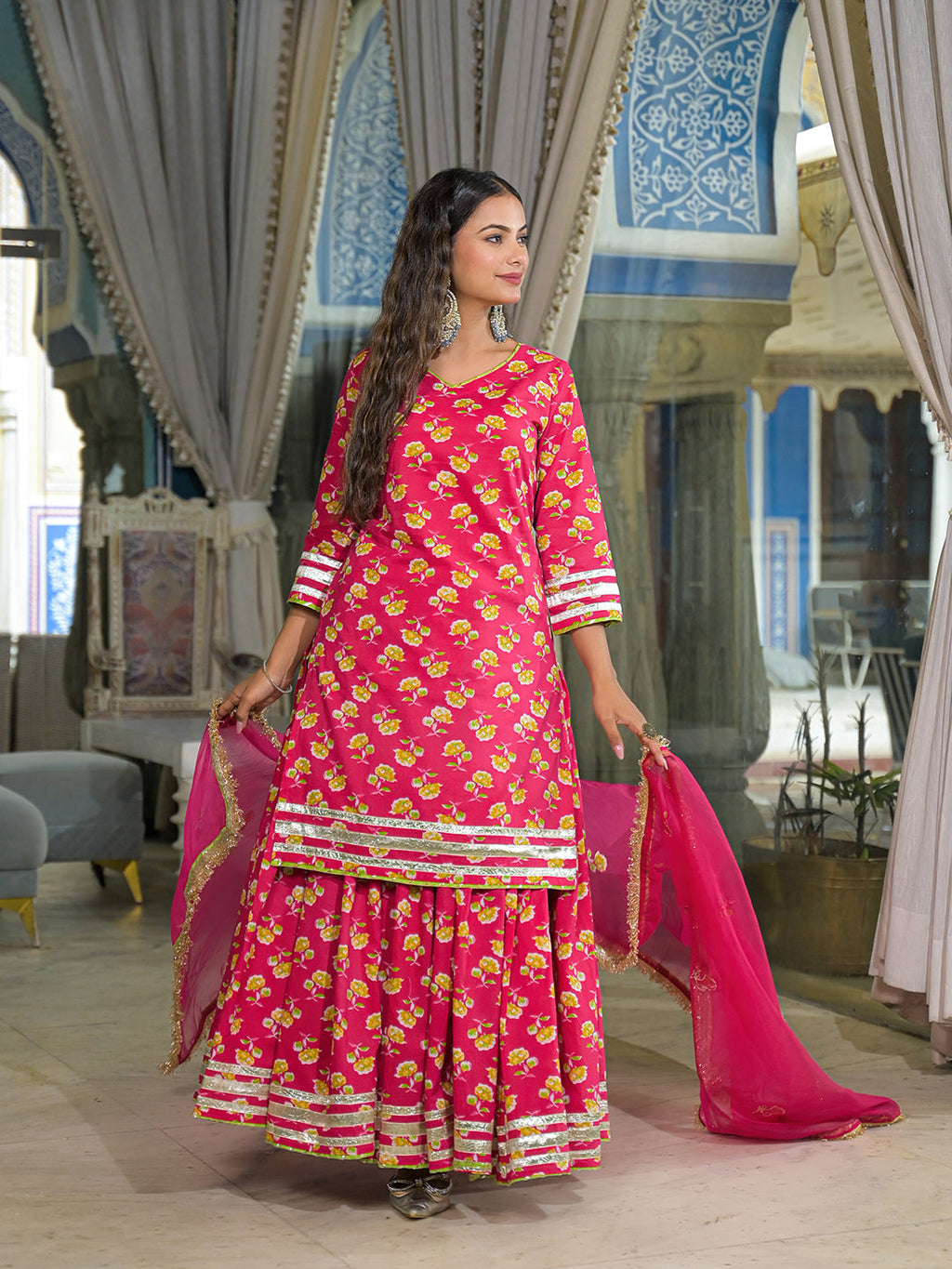 Divena Pink Cotton Kurti Lehenga Sets With Dupatta