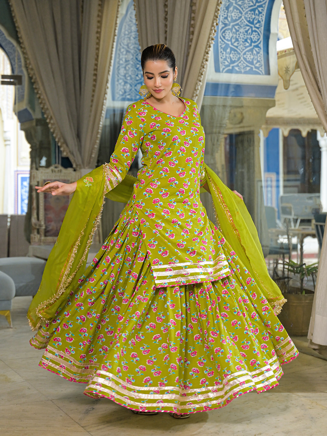 Divena Green Cotton Kurti Lehenga Sets With Dupatta