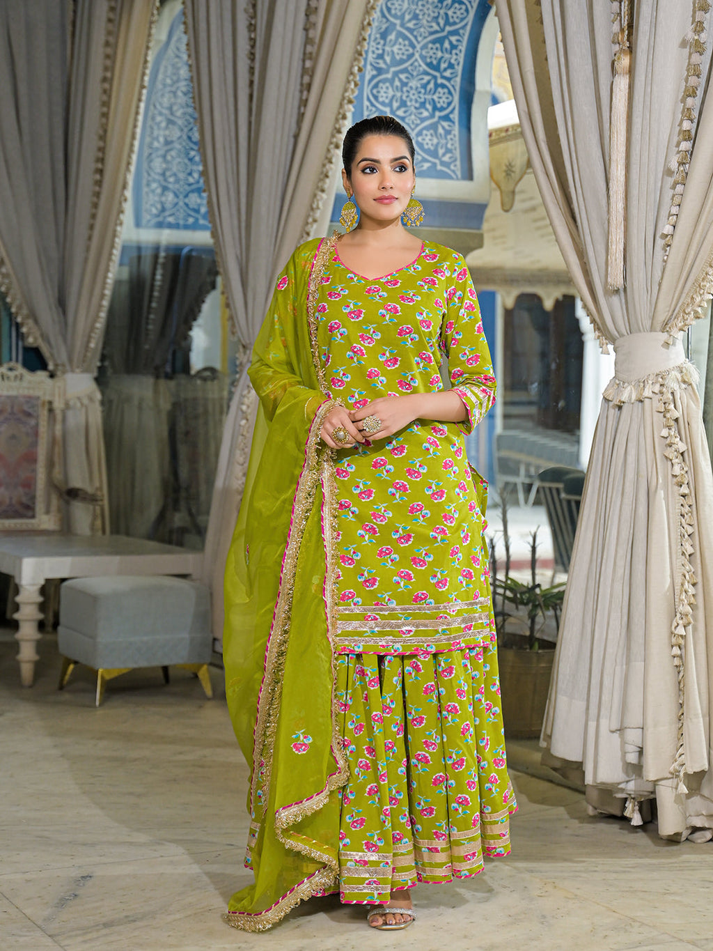Divena Green Cotton Kurti Lehenga Sets With Dupatta