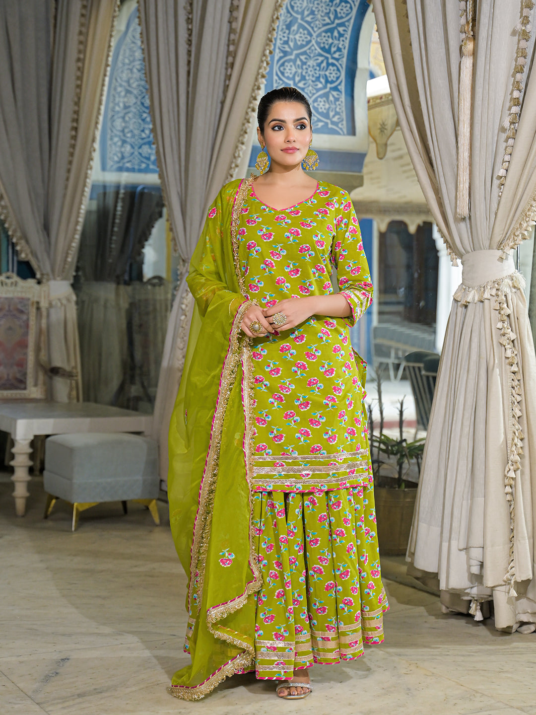 Divena Green Cotton Kurti Lehenga Sets With Dupatta