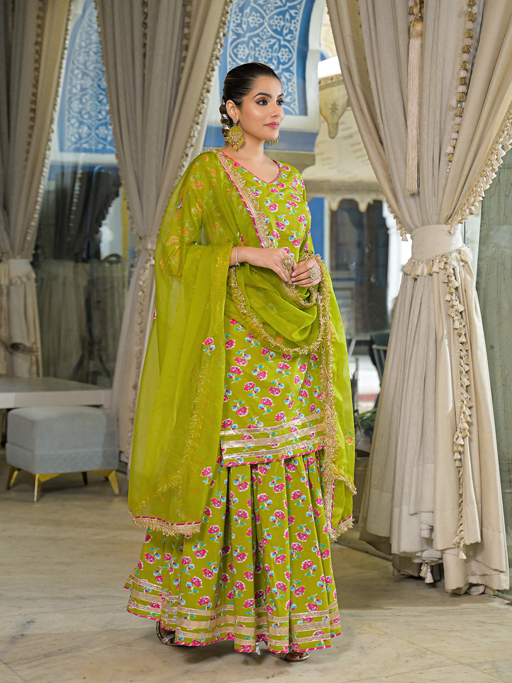 Divena Green Cotton Kurti Lehenga Sets With Dupatta
