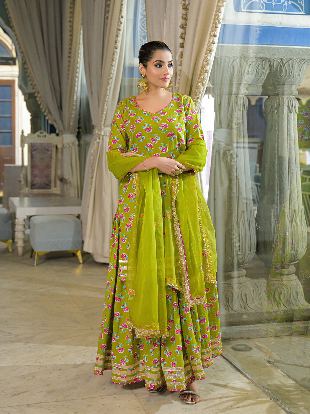 Divena Green Cotton Kurti Lehenga Sets With Dupatta