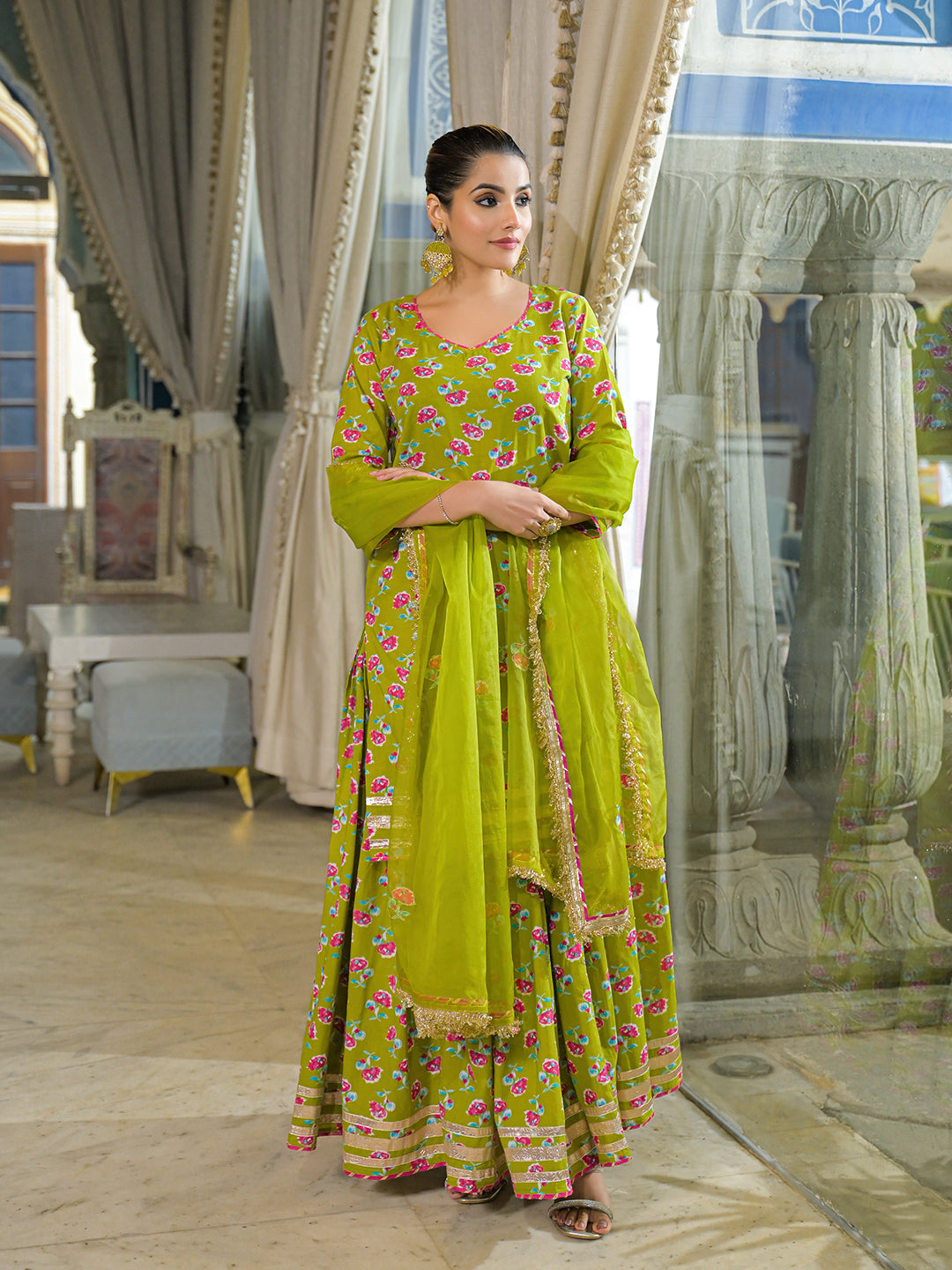 Divena Green Cotton Kurti Lehenga Sets With Dupatta