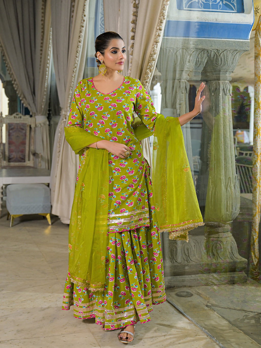 Divena Green Cotton Kurti Lehenga Sets With Dupatta